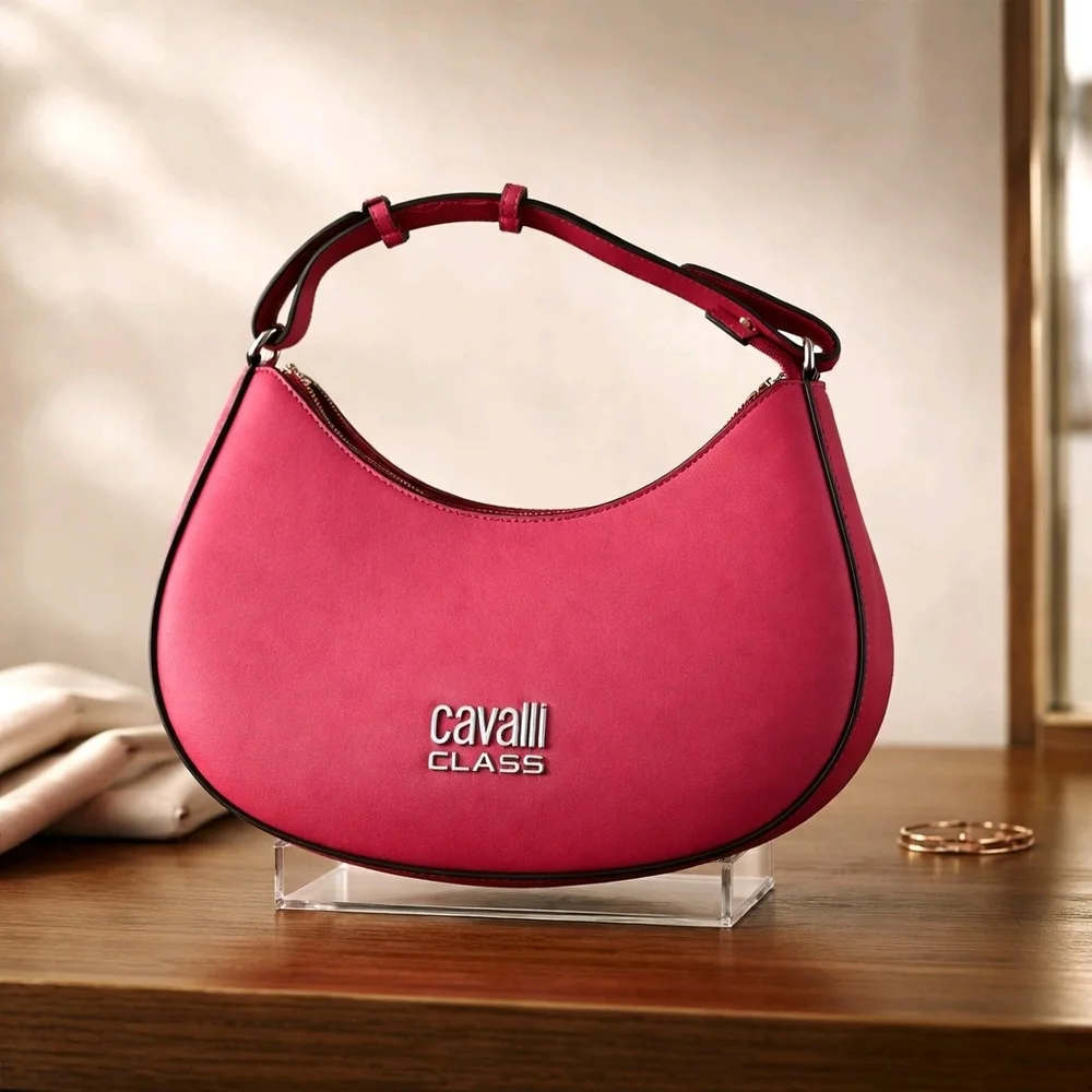 Cavalli Class Pink Crescent Hobo Shoulder Bag with Contrast Trim